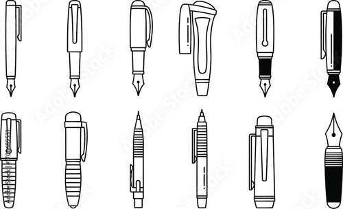Vector illustration of various types of writing pens editable vector