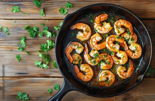 Perfectly Cooked Shrimp With Herbs in a Skillet on a Wooden Table