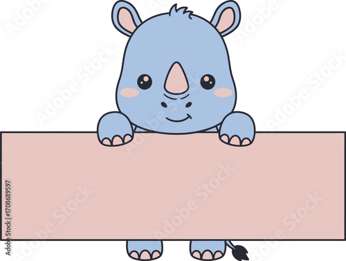 Cute rhino holding blank sign cartoon illustration editable vector
