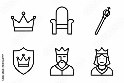 Royal and ceremonial minimalist vector icons, black and white
