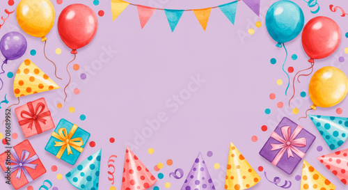 Festive watercolor birthday party background with balloons, gifts, and party hats