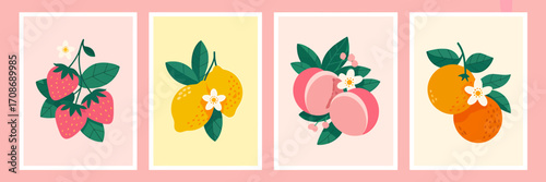 Vibrant Fruit Illustration Set featuring Strawberries Lemons Peaches and Oranges for Healthy Eating and Summer Themes