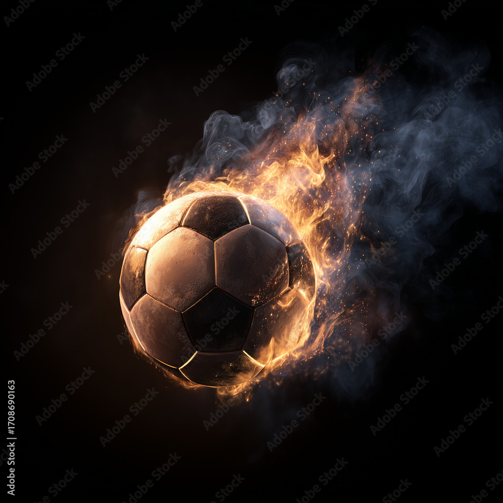 Fototapeta premium Fiery soccer ball in motion creates thrilling effect against a dark background Generative AI
