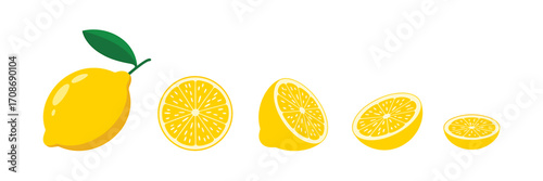 Bright Yellow Lemons Arranged in a Linear Progression on a White Background Depicting Freshness and Healthy Eating