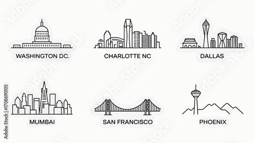 Minimalist City Skyline Illustrations Featuring Washington DC Charlotte NC Dallas Mumbai San Francisco Phoenix on White