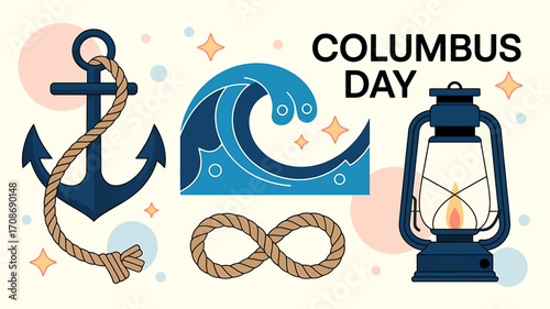 Columbus Day vector illustration with anchor lantern wave and rope design elements for celebration greeting card banner or poster background
