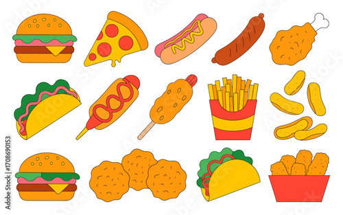 Collection of Cartoon Fast Food Items with Burgers Fries and Pizza for Menu Illustrations and Kids Education
