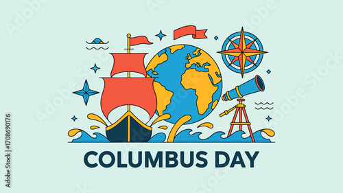 Columbus Day Celebration with Ship Globe Compass and Telescope Decorative Design for Historical Commemoration