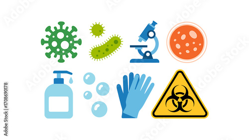 Illustrative Symbols Representing Microbiology and Hygiene with Viruses Bacteria and Safety Precautions for Health and Research