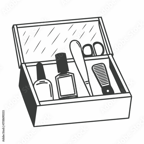 Illustration of an open manicure set box with nail polish, scissors, and a comb, in black and white line art