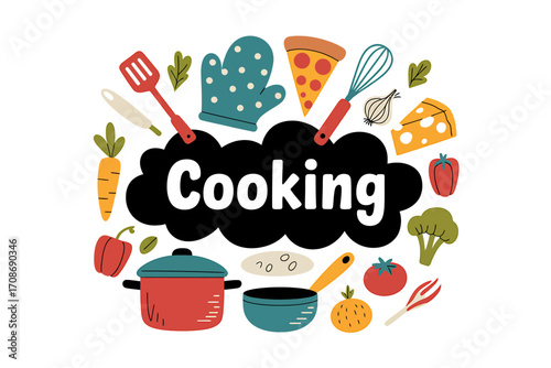 Cooking themed illustration with vegetables fruits utensils and the word Cooking promoting healthy eating and culinary arts learning