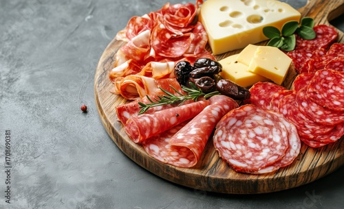 Variety of Cured Meats and Cheeses Arranged on a Wooden Board With Herbs and ...