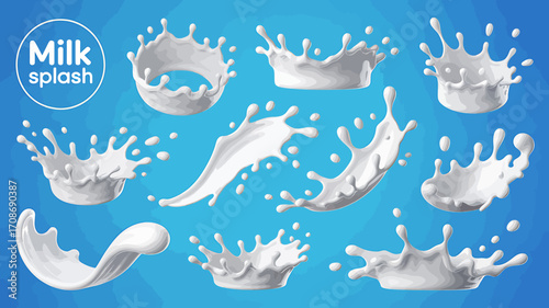 Dairy Delight Various Milk Splashes and Puddles in Realistic Detail against a Blue Gradient Background Perfect for Food and Beverage Marketing