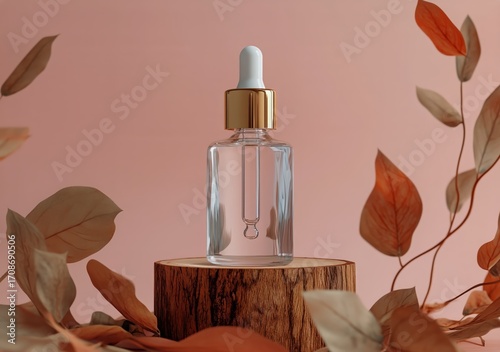 Natural Serum Bottle on Wooden Pedestal Surrounded by Autumn Leaves