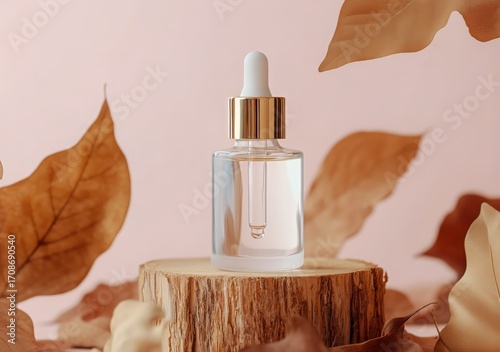 Natural Serum Bottle on Wooden Pedestal Surrounded by Autumn Leaves.
