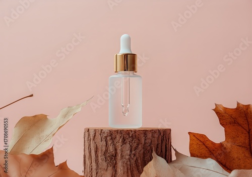 Clear Serum Bottle on Wooden Stump With Autumn Leaves Against Soft Pink Backg...