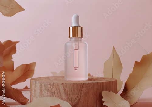 Clear Serum Bottle on Wooden Stump With Autumn Leaves Against Soft Pink Backg...