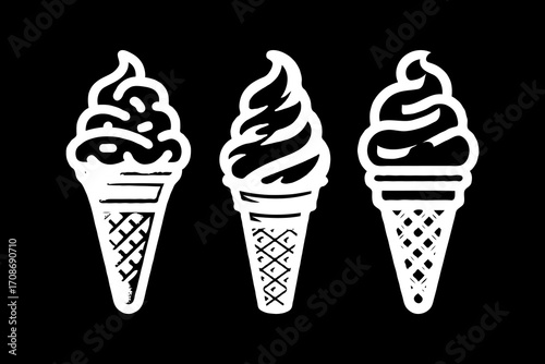 Trio of hand-drawn ice cream cones in white outlined sketch style, displayed on a solid black background, representing sweet dessert concept