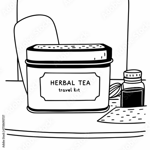 A still life drawing of a herbal tea travel kit tin, a small bottle, and a patterned cloth on a table