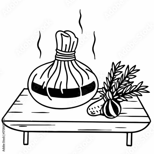 Outline drawing of herbal compress and plant on a wooden table for spa or massage treatment in black and white