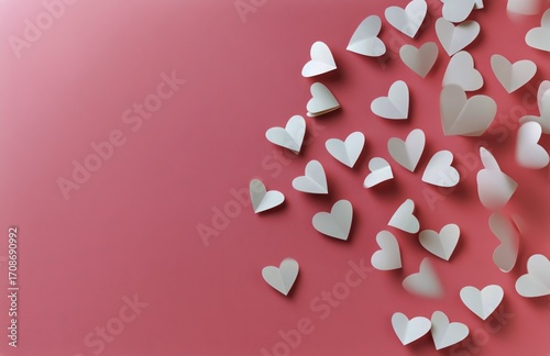 White Paper Hearts Scattered on Pink Background for Decorative Purposes in Fe...