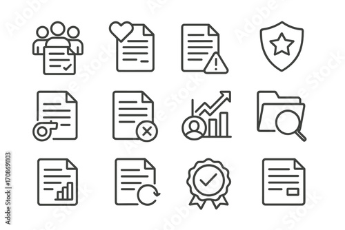 Ethics Line Icons. Line style icons of ethics and integrity appeals: committee with document icon, moral concern file, appeal for