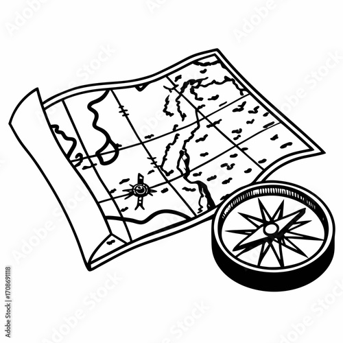 Illustration of a vintage map with grid lines and a compass showing direction in black and white style