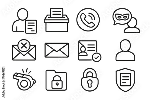 Anonymous Complaint Icons. Line style icons of anonymous complaints: shadowed figure with form, drop box icon, anonymous call
