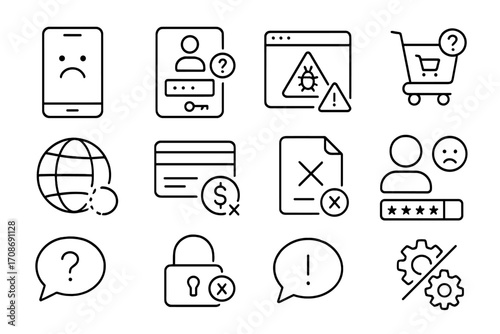 Digital Service Icons. Line style icons of digital service complaints: app crash report, login issue icon, website bug alert,