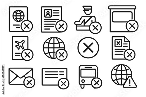 Visa Rejection Icons. Line style icons of visa and travel rejections: rejected passport, denied visa application, customs refusal,