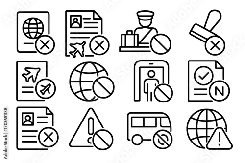 Visa Rejection Icons. Line style icons of visa and travel rejections: rejected passport, denied visa application, customs refusal,