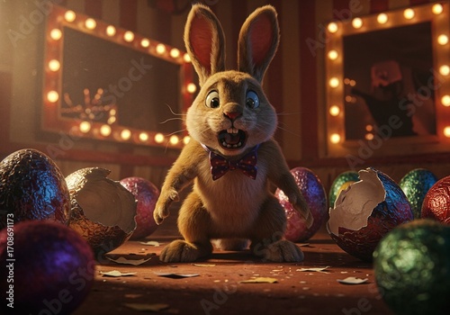 Enthralled Easter Bunny: A wide-eyed bunny wearing a dapper bowtie, surrounded by a vibrant collection of cracked Easter eggs in a whimsically enchanting setting.