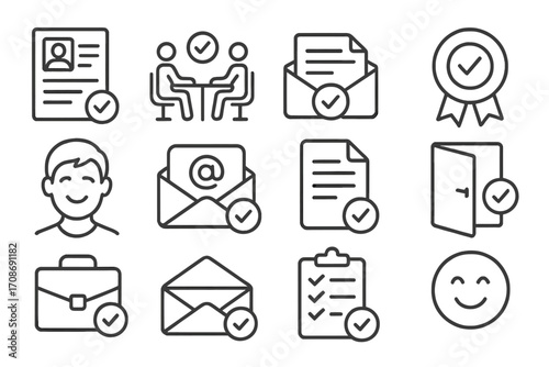 Job Application Icons. Line style icons of job application approvals: accepted resume, interview scheduled, approval letter, green