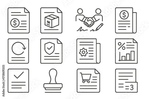 Sales Contract Icons. Line style icons of sales contracts: invoice with contract, product delivery agreement, buyer and seller