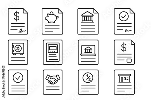 Banking Contract Icons. Line style icons of banking contracts: loan agreement form, savings terms document, bank signature file,