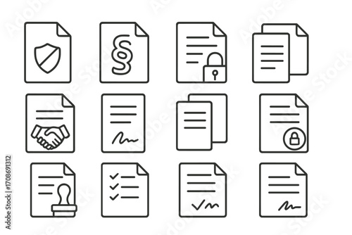 NDA Contract Icons. Line style icons of NDA contracts: non-disclosure agreement file, confidentiality clause document, secure