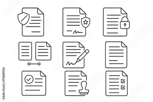 NDA Contract Icons. Line style icons of NDA contracts: non-disclosure agreement file, confidentiality clause document, secure