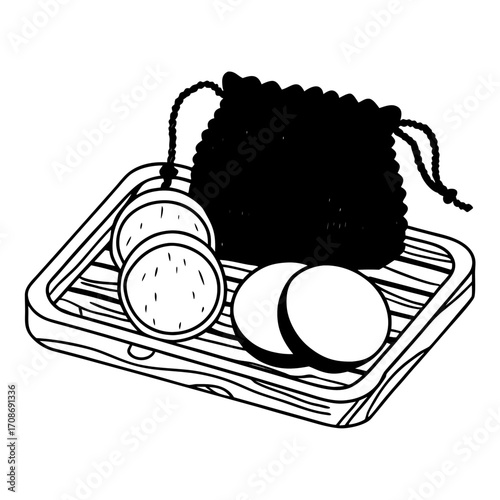 Still life of reusable makeup remover pads with a small bag on a wooden tray illustration