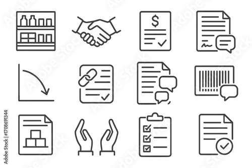 Retail Negotiation Icons. Line style icons of retail negotiations: shelf space agreement, distributor handshake icon, wholesale