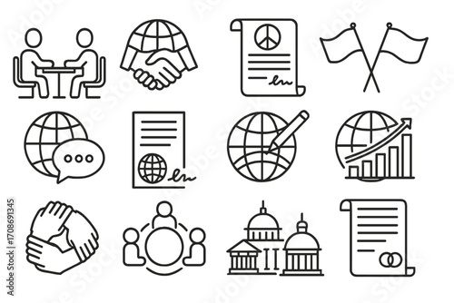 Diplomatic Icons Collection. Line style icons of diplomatic negotiations: country representatives at table, handshake with globe,