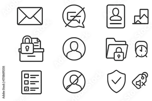 Silent Bidding Icons. Line style icons of silent bidding: sealed bid envelope, crossed speech bubble, anonymous form icon, hidden