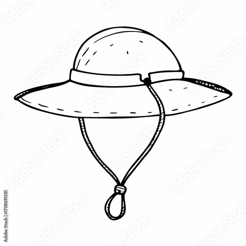 Illustration of a pith helmet style hat with a brim and a chin strap in a hand drawn style