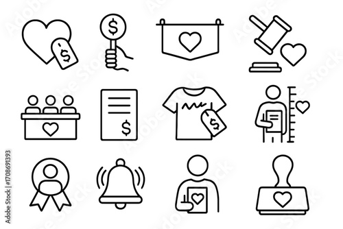 Charity Auction Icons. Line style icons of charity auctions: heart with auction tag, donation paddle, charity banner, gavel with