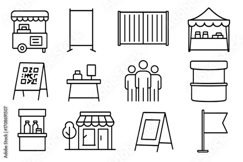 Pop-Up Retail Icons. Line style icons of pop-up retail: mobile kiosk icon, temporary stand banner, shipping container store,