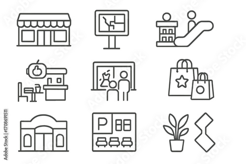 Line Style Mall Icons. Line style icons of mall-based retail: store row in corridor, mall map board, escalator icon, kiosk with