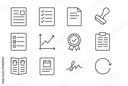 Wholesale Order Icons. Line style icons of wholesale order process: order form icon, checklist of SKUs, purchase order file, order