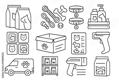 Wholesale Pet Supplies Icons. Line style icons of wholesale pet supplies: pet food bags in bulk, toy bundle for pets, collars in