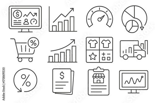 Dropshipping Analytics Icons. Line style icons of dropshipping analytics: dashboard with KPIs, sales trend chart, conversion rate