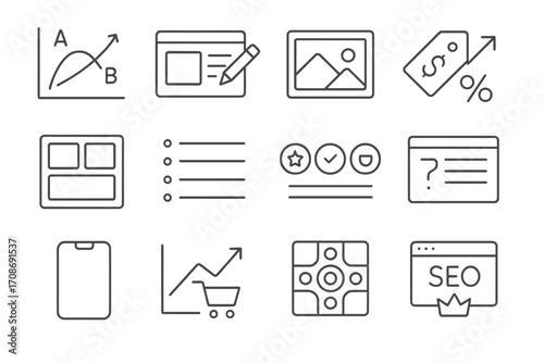 Product Page Optimization Icons. Line style icons of product page optimization: A/B test chart, product title edit form, media