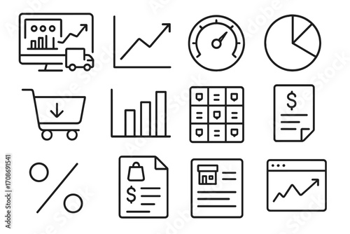 Dropshipping Analytics Icons. Line style icons of dropshipping analytics: dashboard with KPIs, sales trend chart, conversion rate